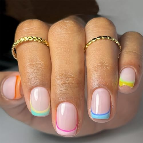 24 Pcs Short Press on Nails Square Rainbow French Tip Fake Nails ...