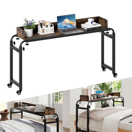 LIFEZEAL Table de lit Roulant 117 x 35 cm, Table d'appoint pour Ordinateur Portable Polyvalente réglable, Bureau sur Le lit avec Hauteur et Largeur modifiables, Compatible avec Plusieurs Lits