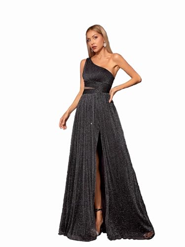 Women's Glamorous One Shoulder Sparkly Tulle Long Evening Dress with High Slit Waist Cinching for Weddings Party