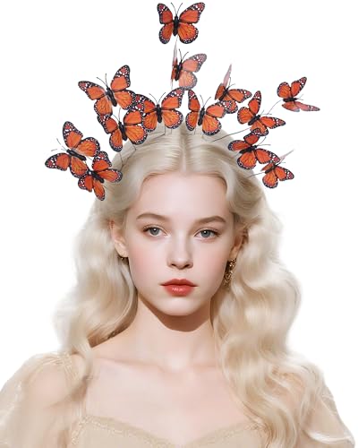 Zinniday Renaissance Fairy Butterfly Headbands - Orange Monarch Butterfly Derby Fascinator Tea Party Hat for Women Lady Girls Elf Headpiece for Masquerade Party Costume Headwear