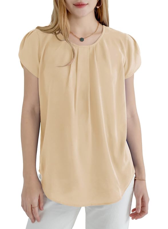 Dokotoo Women's Casual Round Neck Basic Pleated Tops Short Sleeve Loose Fit Curved Keyhole Back Chiffon Blouses Tshirts