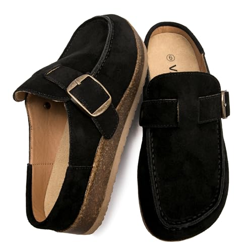 Genuine Leather Clogs for Women - Slip Resistant Non-Slip Sole, Memory Foam Insole, Comfortable Slip On Work Clogs, Versatile for Office Kitchen Casual Daily Wear Black 08