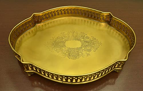 Image of Tangerine Matte Finish Decorative Brass Serving Tray with Cut Work Design Oval (15 inches)