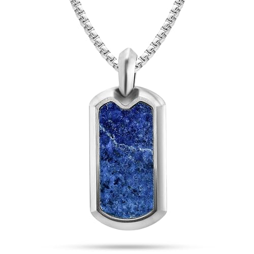 RTZN® Lapis Lazuli Necklace for Men – Premium Handcrafted Lapis Lazuli Pendant Necklaces - Blue Lapis Pendant Necklace Dog Tag with Stainless Steel Chain 22