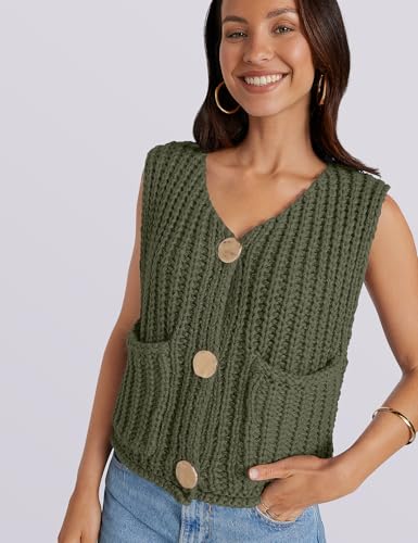 Image of UEU Womens Chunky Sweater Vest Button Down Sleeveless Cardigan V Neck Crop Crochet Knit Tops 2025 Fashion Trendy Clothes