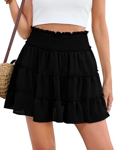 CMTOP Jupe Short Femme Été Taille Haute Élastique Mini Courte Jupes à Volants A Ligne Tulle Décontractés Jupe Chic et Elegant Couleur Unie de Plage avec...