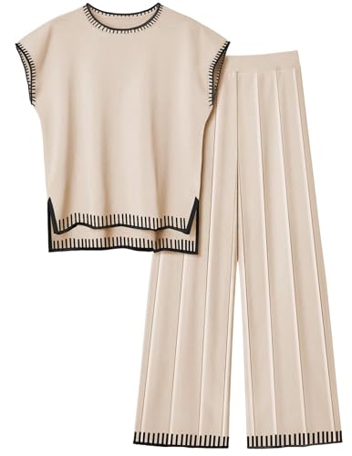 Image of Ekouaer Womens Matching Sets Knit Sweater Sets 2 Pieces Outfits Pullover Tops Wide Legs Pants Lounge Set Apricot