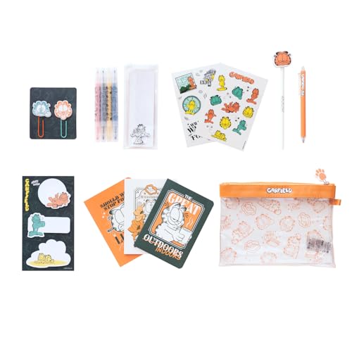 Set de Papeleria Garfield: Estuche con Material Escolar   Kit papeleria niños para Vuelta al Cole │Incluye: Lápiz, Boli con goma, Pegatinas, 3 libretas, Clips, Subrayadores y Notas adhesivas