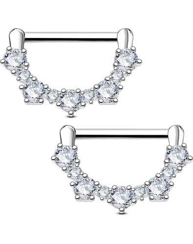 OUFER 2PCS 14G Nipple Rings, 316l Surgical Steel Nipple Piercing Jewelry, Round Clear CZ Nipple Barbells, Clicker Nipple Rings For Women- Silver/Gold
