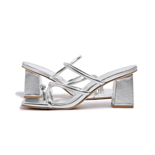 Image of Strappy Heels For Women Low Chunky Block Heel Heeled Sandals Square Open Toe Slip On Slides Flip Flops Mules