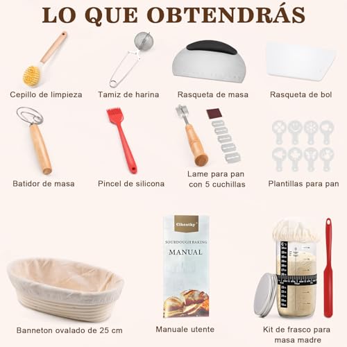 Miniatura 2 de Clheatky Cesta De Fermentación Para Pan 25cm Ovalado, 11 Piezas Kit Completo De Panadero, Banetones De Caña Natural, Cesta Para Pan De Masa Madre Para Principiantes Y Experimentados