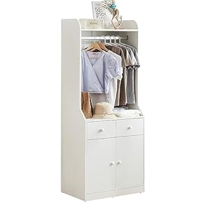 Karl home Armoire Wardrobe Closet for Hanging Clothes,Open Wardrobe Cabinet with Adjustable Shelves, 2 Drawers and 2 Doors, Closet Cabinet for Bedroom，White