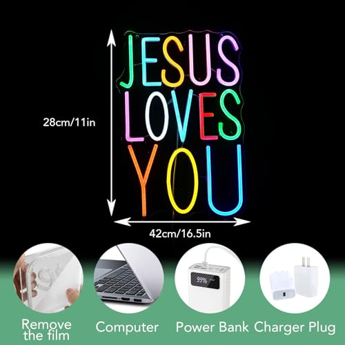 Image of Jesus Loves You Neon sign Colorful Led Letters Sign Neon Light for Wall Decor Dimmable Jesus Light Up Sign for Home Christ Church Wedding Birthday Party Decor(USB Power)