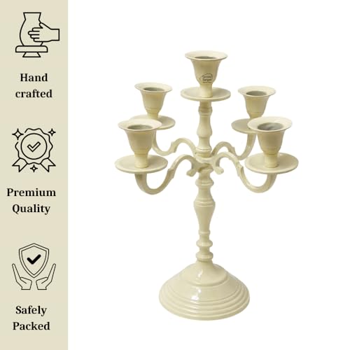Image of 5 Arm Metal Candelabra Candle Stand | 12 Inch Tall Decorative Candlestick Holder for Dining Table, Living Room, Wedding & Home Decor (Ivory)