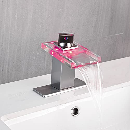 Image of AVSIILE LED Bathroom Sink Faucet, Brushed Nickel Waterfall Open Glass Spout