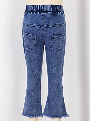 JanJean Kids Girls Vintage Bell Bottom Jeans Elastic Waist Raw Hem Flared Denim Pants Trousers Stretchy Ruffle Leggings4