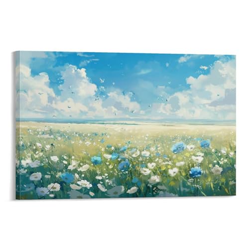 絵画 青い空と白い雲の下の花畑 アートパネル ポスター 魅力的な花 美しい自然の風景 インテリア 絵画 モダン 風景画 装飾画 玄関 壁掛け キャンバス 飾り絵 シリーズ アートボード 部屋飾り 壁飾り 壁の絵 ソファの背景絵画 木枠付きの完成品 60x9