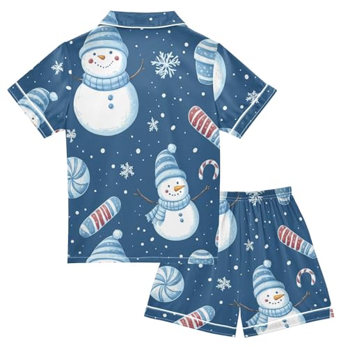 Satin Pajama Sets Short Sleeve Snowman Candy Cane Snowflakes Button Down Silky Nightwear 2 Piece PJS 5-14Y2