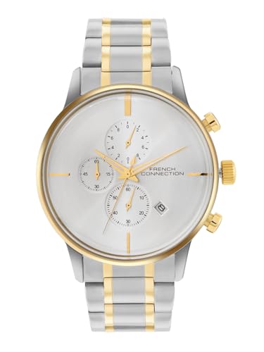 Image of French Connection Silver Embossed Round Dial | Gold Stainless Steel Mesh Strap Chronograph Watch for Mens FCO5TM