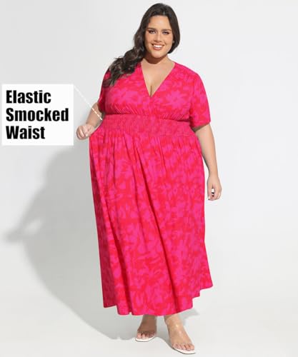 Image of CARCOS Plus Size Maxi Dress for Curvy Women, Hot Pink Floral, V-Neck, Short Sleeve, High Waist, Smocked Waist, A-Line, Casual, All Occasions, Adult Women, Plus Size, Women, US 14 /16, X-Large