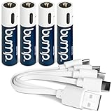 BUMP - Rechargeable AAA Batteries with Charger Cable - 1.5V Fast USB-C AAA Lithium Batteries with LED Indicator - Long-Lasting and Eco-Friendly Power Solution for Remotes, Toys, and Keyboards (4-Pack)
