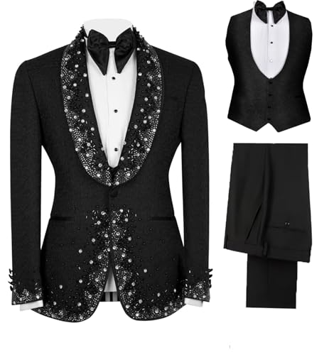 Mens Rhinestone Embellished 3 Piece Tuxedo Suit, Shawl Lapel Blazer Jacket, Vest and Pants