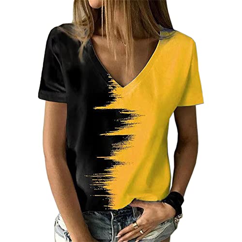 Womens Contrast Color V Neck Short Sleeve Casual Loose Fit Pullover Tee Tops Color Block Summer T-Shirt (3X-Large,Yellow)