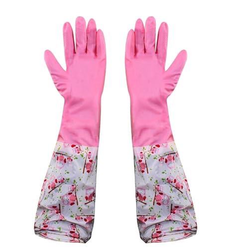 Image of Reusable Rubber Latex PVC Flock lined Long Elbow Hand Gloves Safety Kitchen for Dish-Washing, Cleaning, Gardening, Laundry and Sanitation and Lab Work (Blue) (1 Pair Pink)
