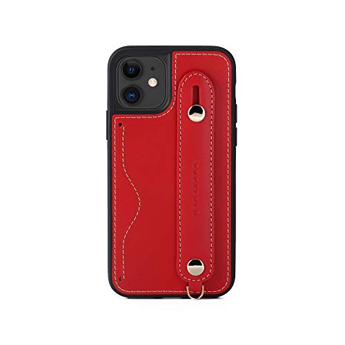 iPhone12 mini ケース 本革 グリップケース レザー ストラップ付属 イタリア製牛革 ヌメ革 片手操作 カード収納 スタンド機能 メンズ レディース レッド CGH-12Mini-Red