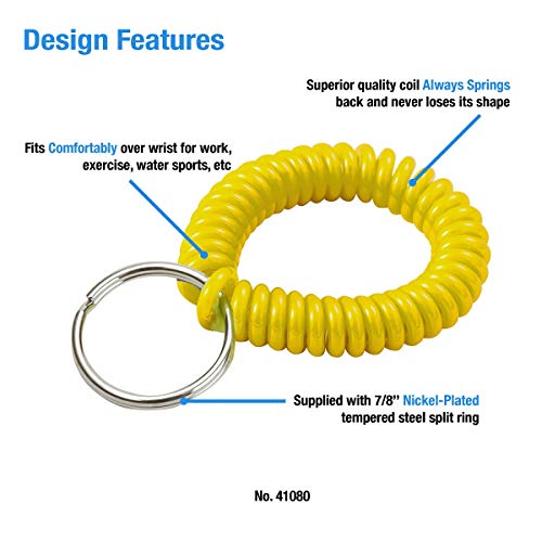 Image of Lucky Line 2 inch Spiral Wrist Coil with Steel Key Ring, Flexible Wrist Band Key Chain Bracelet, Stretches to 12 inch, Yellow, 1 PK (410801)