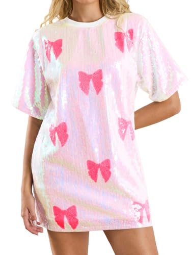 ChiaoLezhee Bow Sequin Shirts for Women, Oversized Glitter Tops, Birthday Rave Outfits, Shiny Sparkly Top Party Outfit Crew Neck T Shirt New Years Eve, White Pink