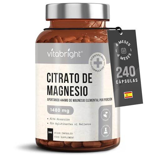Citrato de Magnesio Suplemento 240 Cápsulas, 4 Meses, 1480mg Citrato De Magnesio En Polvo por Porción (Magnesio Puro Elemental 444mg) Magnesio Quelado, Citrato de Magnesio Capsulas VitaBright