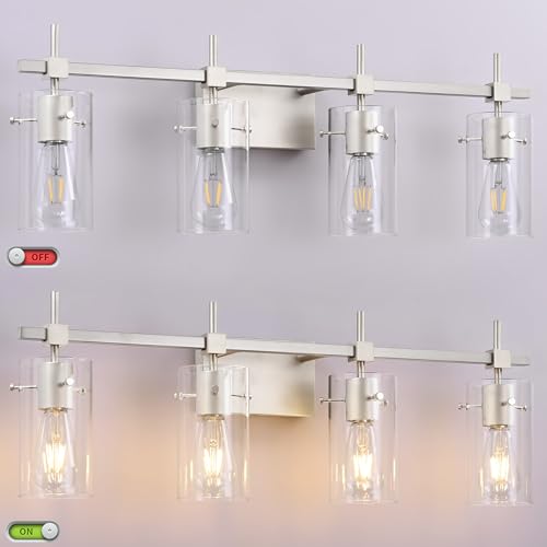 Image of SOLFART 4 Light Bathroom Vanity Lights Bathroom Lights Over Mirror Vintage Bath Lighting Brushed Nickel Wall Sconce with Glass Shade