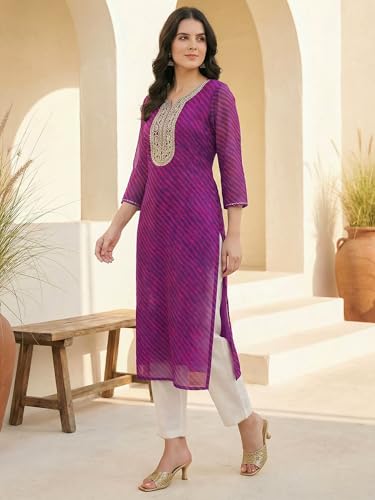 Image of INDO ERA Women's Georgette Leheriya Printed Straight Calf Length Kurtas (IEAI12232)