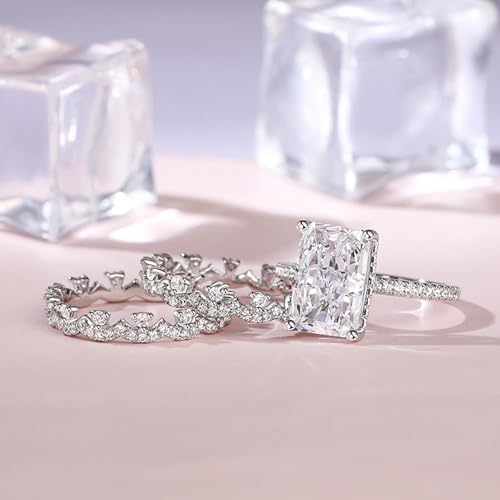Jeulia 3pcs 6.9ct Radiant Cut Moissanite Rings for Women; Silver Diamond Wedding Rings for Women 14K White Gold Plated Engagement Promise Eternity Ring Band for Her with Jewelry Gift Box3