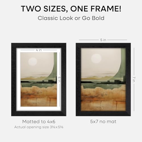 Image of Homeforia 5x7 Black Oak Picture Frame, High-End Wood, 4x6 Mat, Glass | High End Solid Oak Wood, Tempered Glass, Acid-Free 4x6 Removable Mat, 5x7 Edge-to-Edge Display 7x5, Wall Kit, Set Of 2