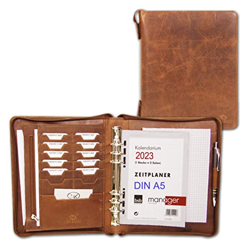 ALMADIH Leder A5 Organizer mit Ringmechanik Reißverschluss Kalender 2023 + Schreibblock Premium Rindsleder Deluxe Ledermappe Terminplaner Systemplaner Schreibmappe Konferenzmappe Mappe braun (A5 O D) Cover