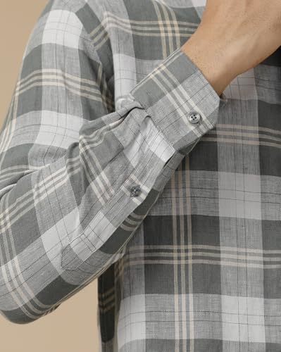 Image of Linen Club Men's Pure Linen Green Checked Contemporary Fit Full Sleeve Casual Shirt