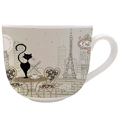 KIUB - Grand bol Paris Tour eiffel avec une anse - Motif Paris Café avec un chat - matière porcelaine fine - contenance 670ML Cover