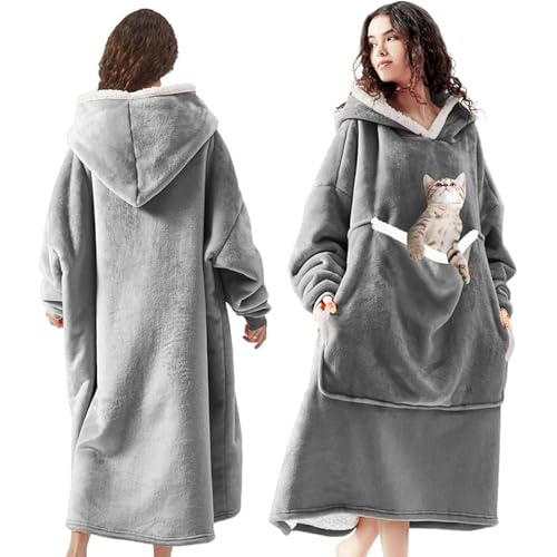 auvstar Cobertor de camisola gigante com capuz, manta de tamanho grande camisola com capuz Sherpa com bolso frontal, macio quente confortável, tamanho único para adultos, homens, mulheres,