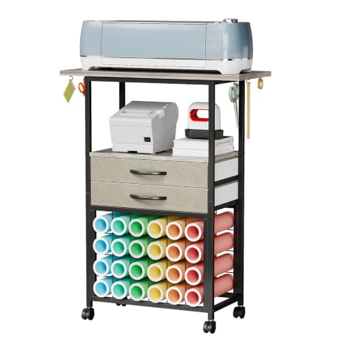Image of VENNQD Organizer and Storage Stand Compatible with Cricut Machines,Rolling Storage Cart /Shelf with 24 Vinyl Roll Holders,2 Fabric Drawer,Accessories Holder,Tool Hook for Craft Room Home (Greige)