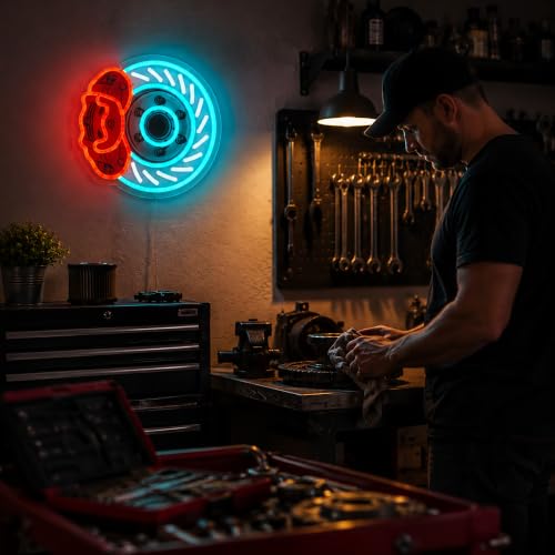 Image of Brake Disc Neon Sign, USB Powered LED Garage Wall Decor |Automotive Wall Decor for Garage, Game Room, Bedroom, Workshop, Party Decoration and Car Enthusiast Gift