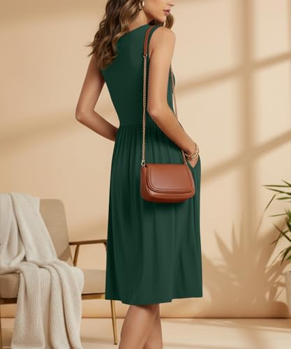 Image of NILOUFO Sleeveless Dress for Women Summer Knee Length Sundress with Pockets | Sundresses for Women Tank Empire Waist Sun Dress Cold Shoulder Casual V Neck Midi Dress Flowy Summer Dresses for Women
