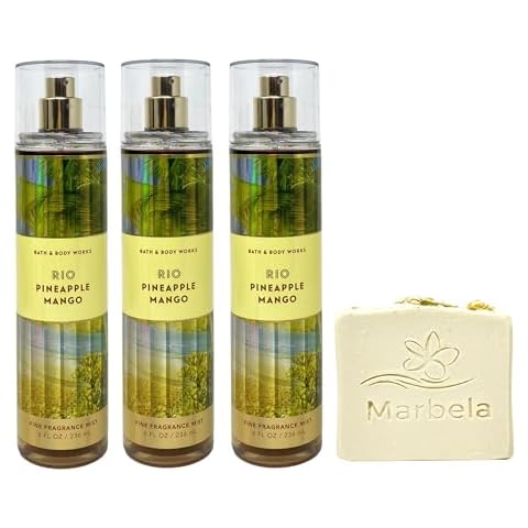 Bath & Body Works Rio Pineapple Mango 3 Mist Pack with Wild Jasmine Soap Cover