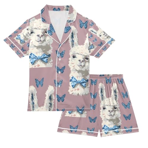 senya Alpaca Wearing Blue Butterflies Satin Summer Pajama Sets Silk Short Sleeve Button Down Sleepwear