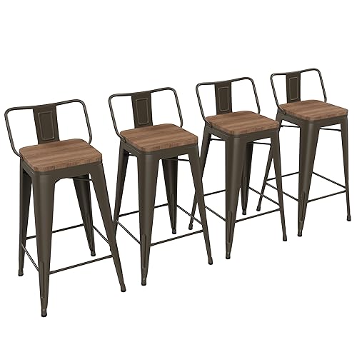 Image of Yongchuang 26 inch Bar Stools Set of 4 Industrial Kitchen Counter Height Barstools with Wood Seat Metal Low Back Bar Chairs Gunmetal