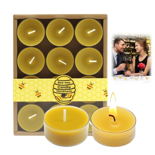 Beeswax Candles 12 Pack Natural Candles Non Toxic Yellow Candles Beeswax Tealight Candles Set with Pure Bees Wax Cotton Wick Unscented Eco Friendly Tea Lights for Home Décor Relaxation and Gifting