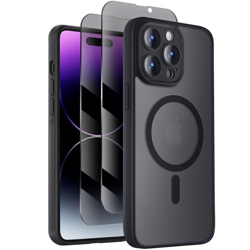 Symcele Designed for iPhone 14 Pro Case Compatible with MagSafe with Privacy Screen Protectors X2 [Camera Protection] [15FT Military Drop Protection] Shockproof Phone Case 6.1 Black