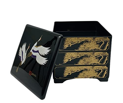 Japanbargain 4119, Jubako Box Japanese Traditional 3 Tiers Stack Box Food Candy Snack Container Bento Box Made In Japan, Plastic Lacquered, Black Crane #TOP7