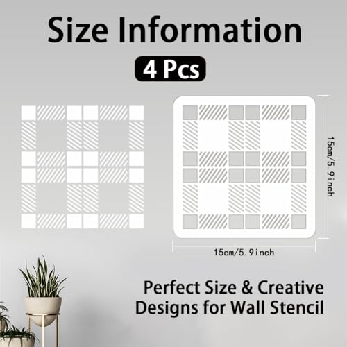 INFUNLY 4pcs Plaid Wall Stencils 5.9x5.9" Window Stencils Template Reusable Plaid Stencil for Painting Plaid Floor Stencils for Christmas Halloween Thanksgiving Decor Furniture Glass Wall Bedroom